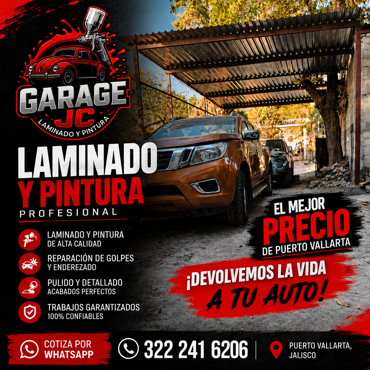 Anuncio publicitario de laminado y pintura creado para JC Garage