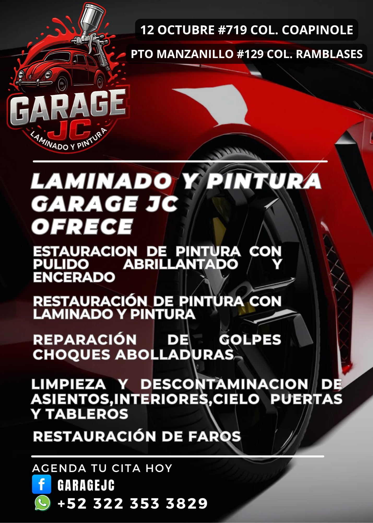 Flyer de servicios automotrices creado para JC Garage